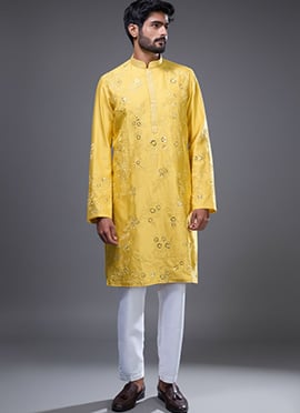 Yellow Silk Embroidered With Mirror Work Kurta Pyjama