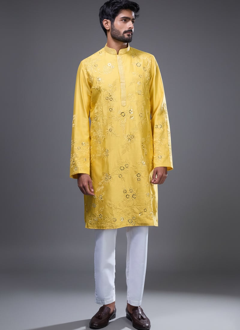 Yellow Silk Embroidered With Mirror Work Kurta Pyjama Festive Wear