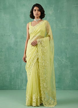 Yellow Silk Floral Embroidered Saree