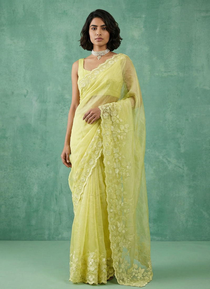 Yellow Silk Floral Embroidered Saree After Six Wear