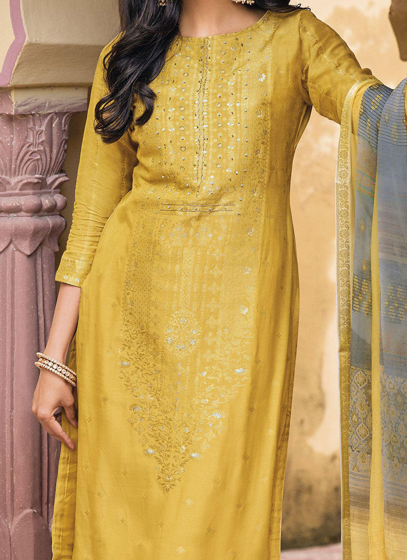 Designer Traditional Wear Viscose Silk Salwar Suit Yellow Viscose Silk Pant Straight