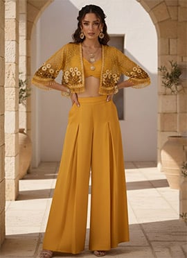 Yellow Silk Hand Embroidered Beads And Stone Work Jacket Palazzo Set