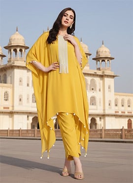 Yellow Silk Hand Embroidered IndowesternKaftan Set