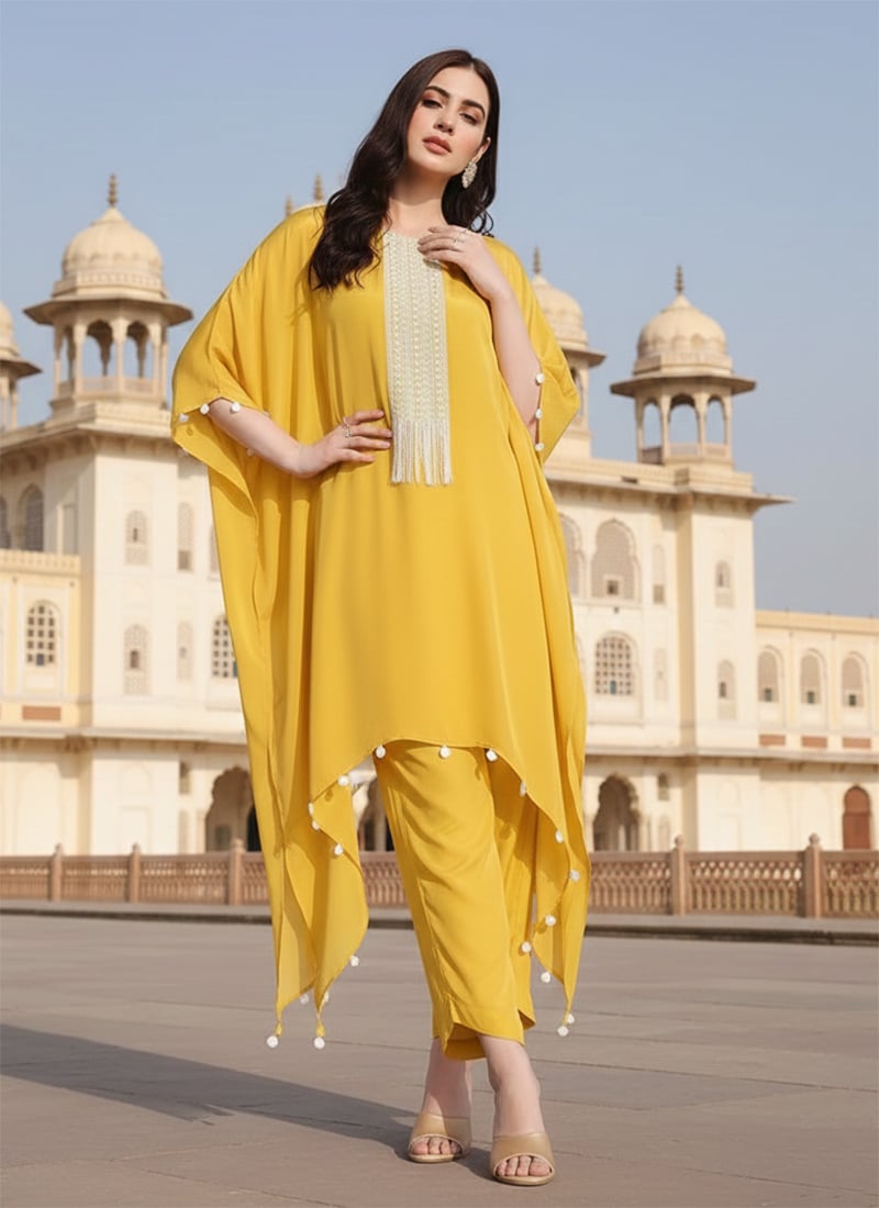Yellow Silk Hand Embroidered IndowesternKaftan Set After Six Wear