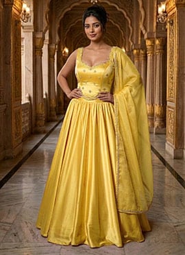 Yellow Silk Hand Embroidered Sequins Lehenga