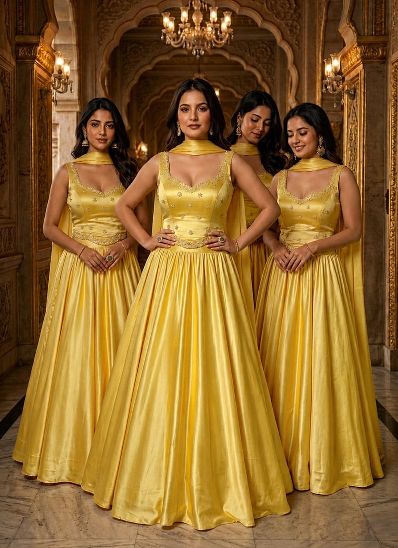 Yellow Silk Hand Embroidered Sequins Lehenga Wedding Wear