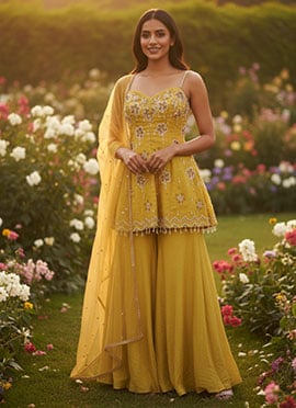Yellow Silk Hand Embroidered Sequins Palazzo Suit
