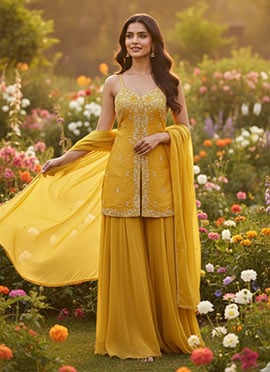 Yellow Silk Hand Embroidered Sequins Palazzo Suit
