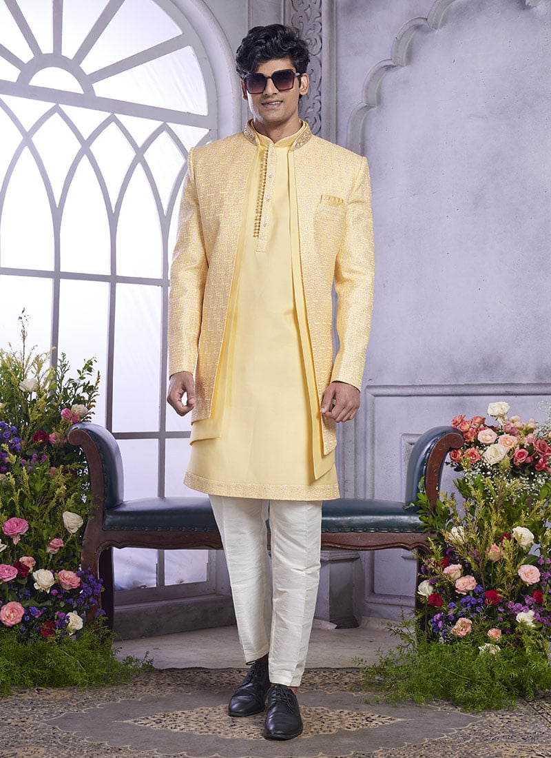 Yellow Silk Hand Work Embroidered Sequins Jacket Style Indowestern Sherwani  Wedding Wear