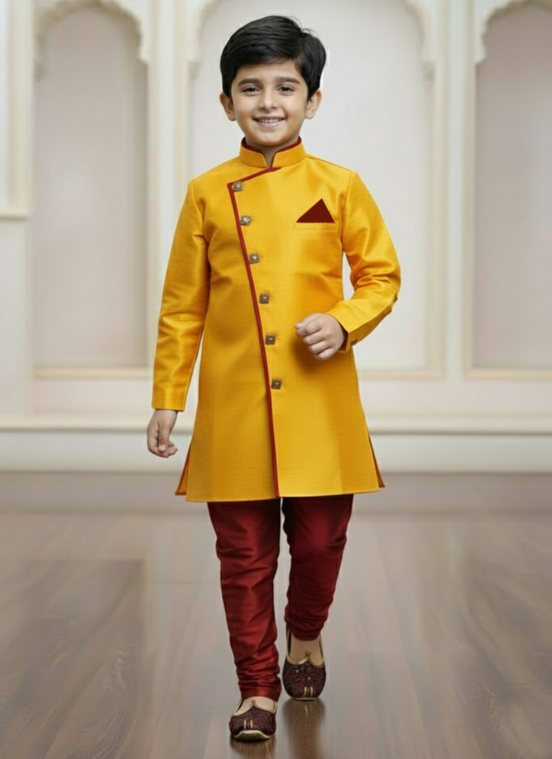 Yellow Silk Indowestern Sherwani Kids Boys