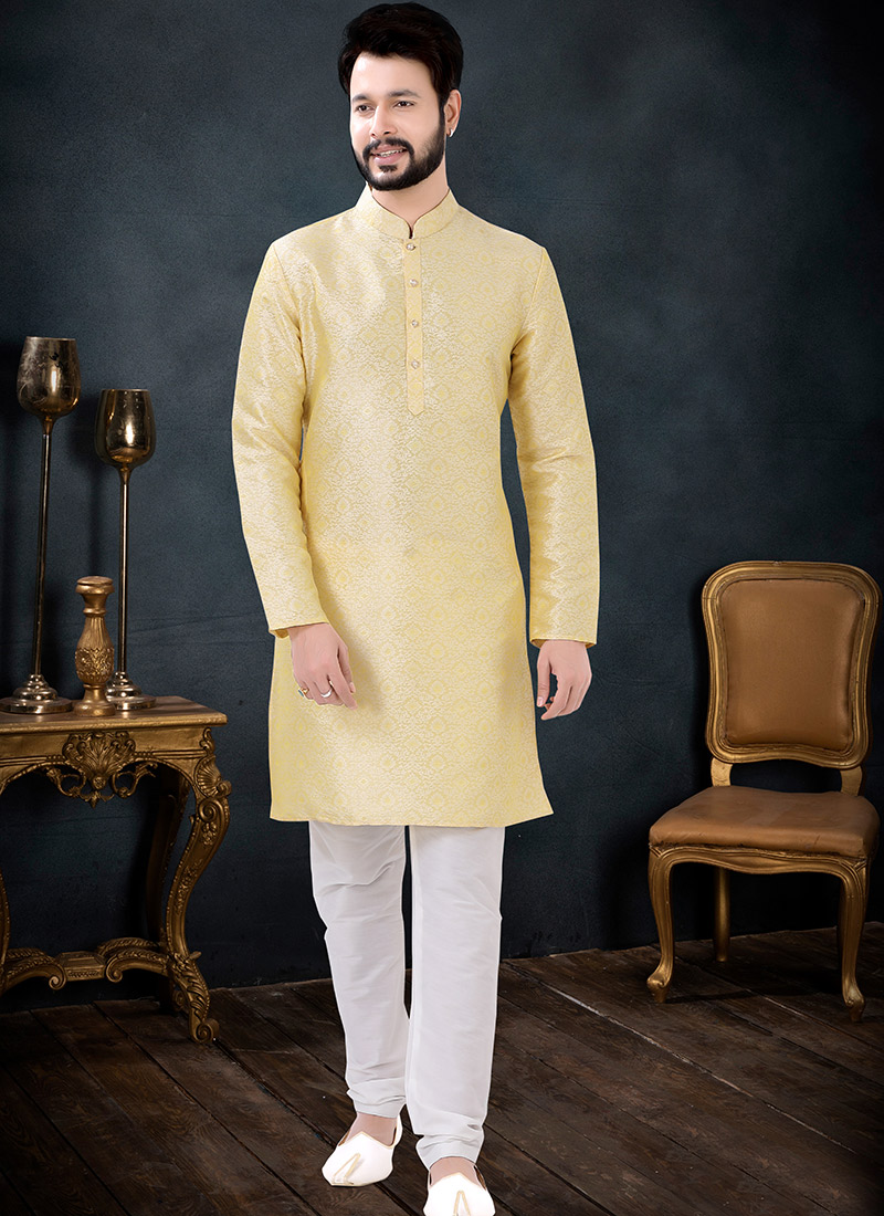 Yellow Silk Jacquard Kurta Pyjama Party Wear
