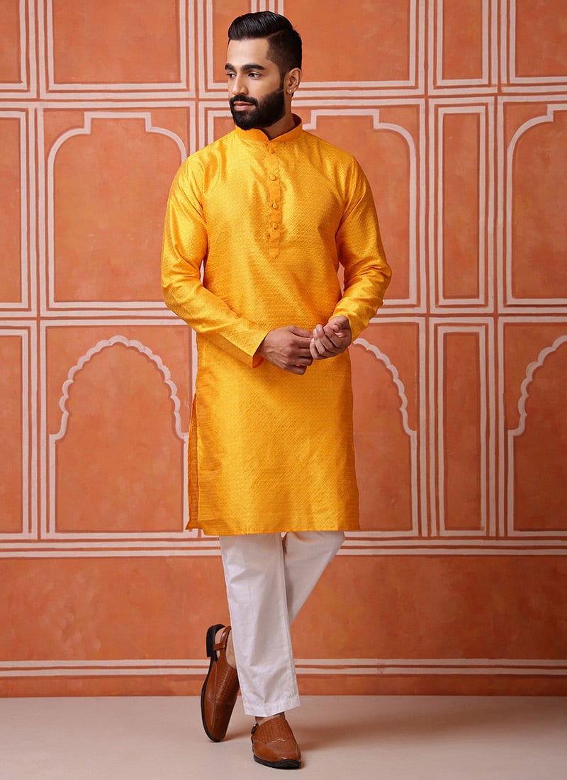 Yellow Silk Jacquard Woven Kurta Pyjama Festive Wear