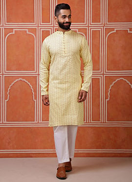 Yellow Silk Jacquard Woven Kurta Pyjama