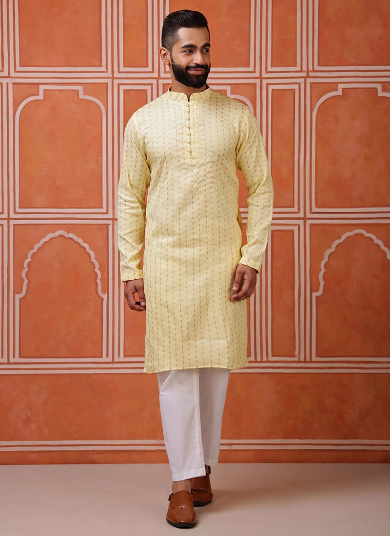 Yellow Silk Jacquard Woven Kurta Pyjama Festive Wear