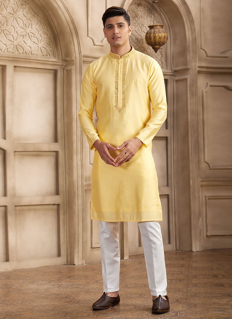 Yellow Silk Kurta Pyjama For Men Festive Wear