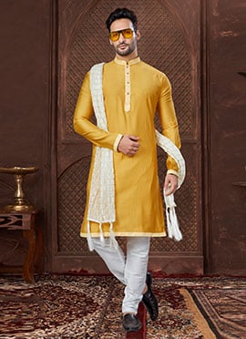 Yellow Silk Lace Work Kurta Pyjama