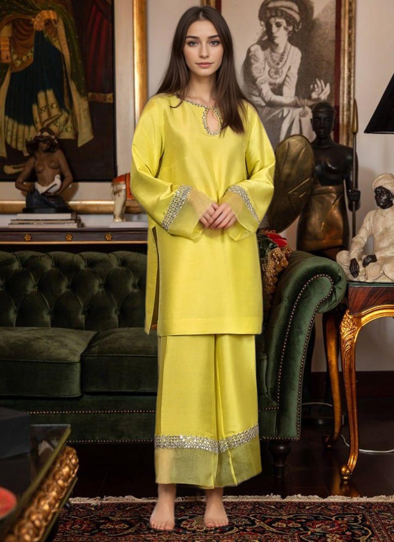 Yellow Silk Hand Embroidered Zari Palazzo Suit Festive Wear
