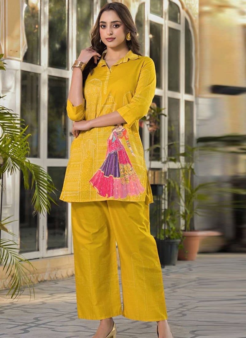Yellow Silk Printed Indowestern Co ord Set After Six Wear