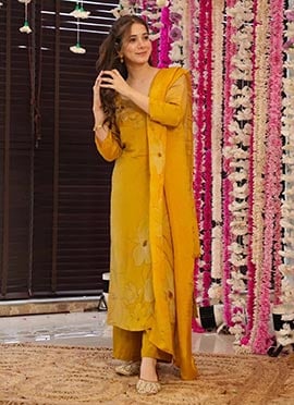Yellow Silk Printed Straight Pant Suit