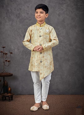 Yellow Silk Printed With Embroidered Sequins Boys Indowestern Sherwani