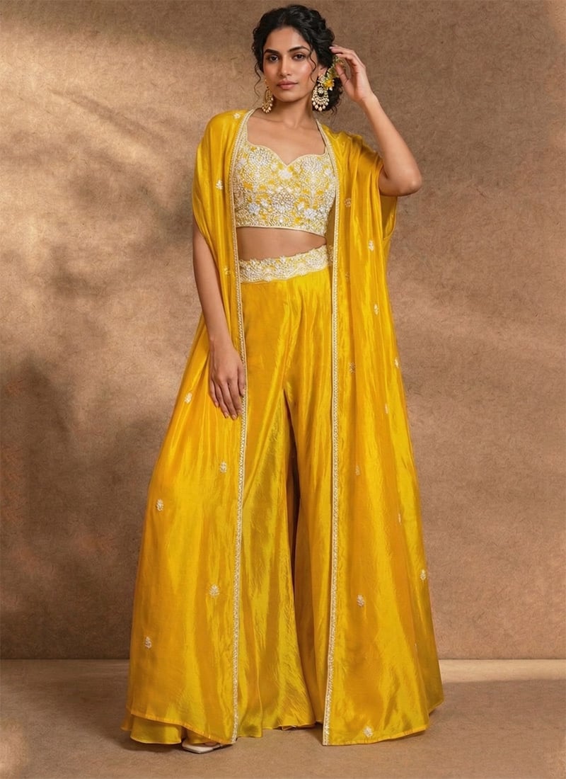 Yellow Silk Resham Indowestern Jacket Palazzo Set Wedding Wear
