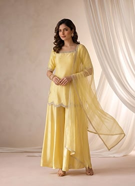 Yellow Silk Scalloped Neck Zari Sequins Palazzo Suit