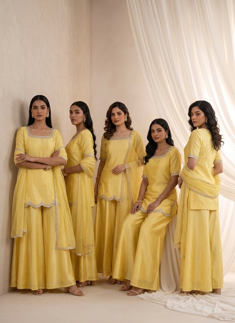Yellow Silk Scalloped Neck Zari Sequins Palazzo Suit Festive Wear
