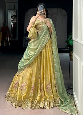 Yellow Silk Sequins And Embroidered Lehenga
