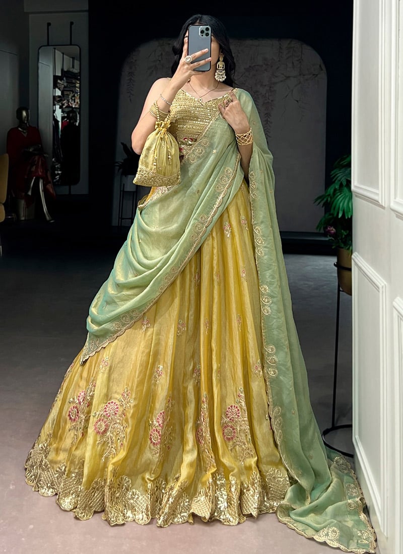 Yellow Silk Sequins And Embroidered Lehenga  Festive Wear