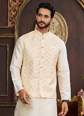Yellow Silk Sequins Bandhgala Jacket