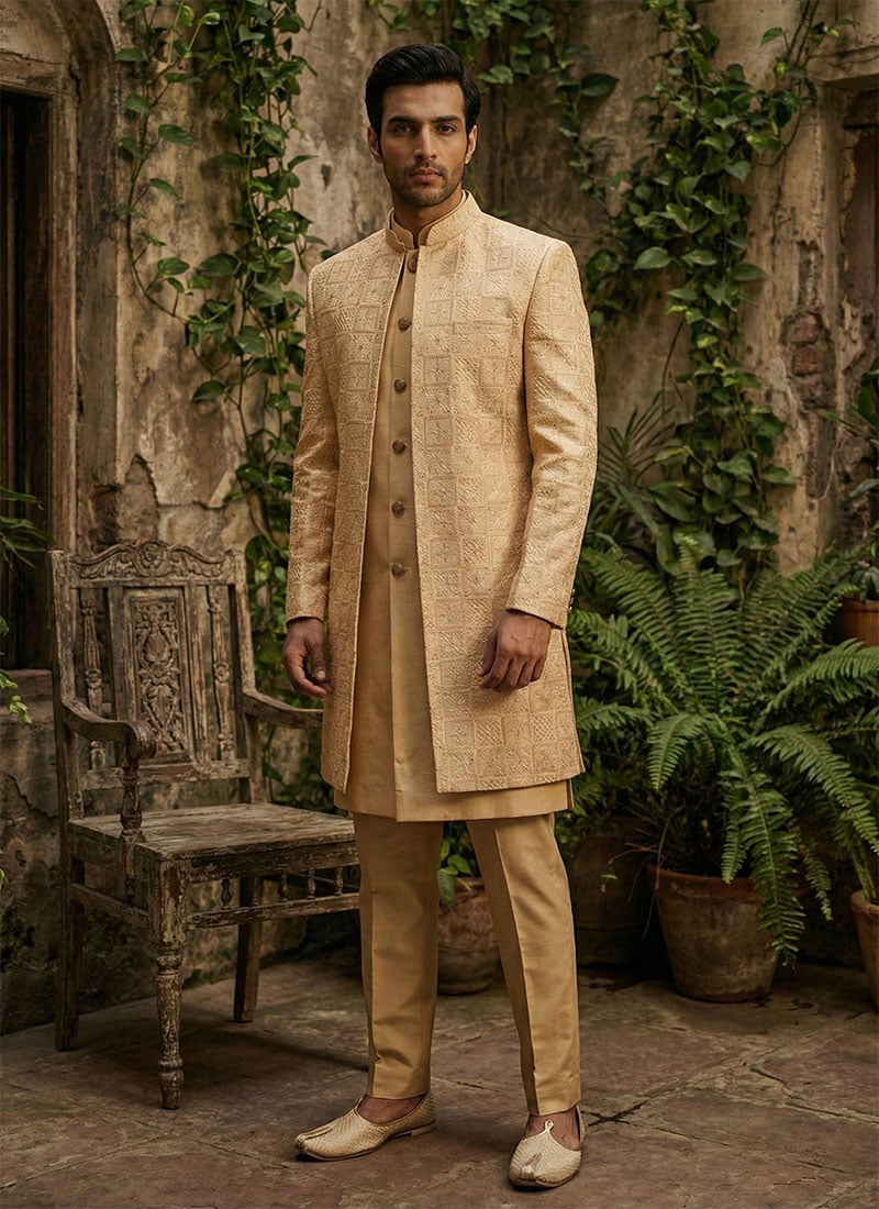 Yellow Silk Sequins Embroidered Indowestern Sherwani Set Wedding Wear