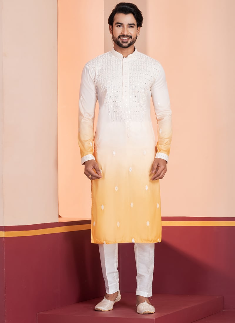 Yellow Silk Sequins Embroidered Kurta Pyjama Festive Wear