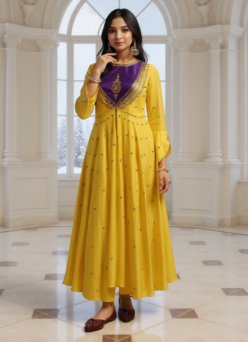 Yellow Silk Sequins Hand Embroidered Anarkali Suit Festive Wear