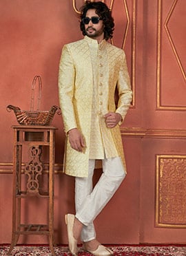 Yellow Silk Sequins Indowestern 3 Piece Jacket Style Sherwani