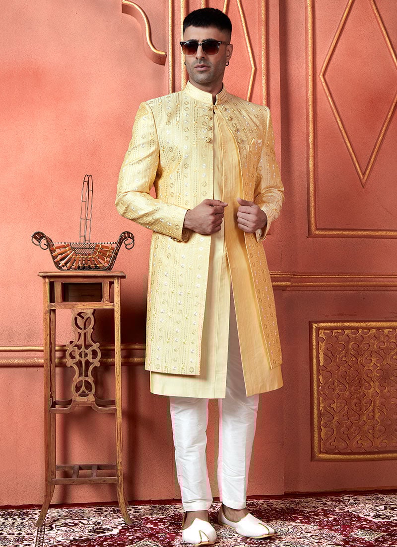 Yellow Silk Sequins Indowestern 3 Piece Jacket Style Sherwani Party Wear