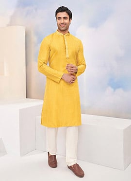 Yellow Silk Thread and Sequins Kurta Pyjama