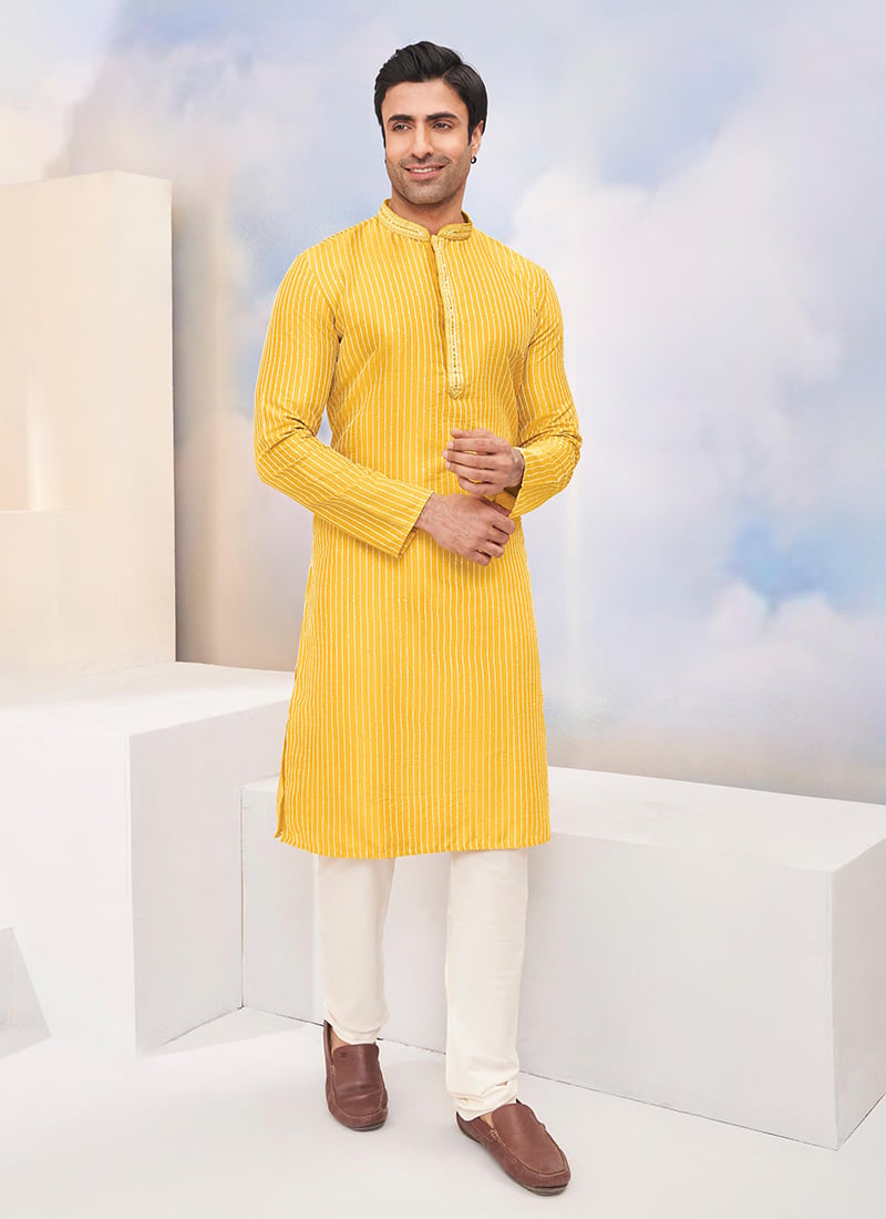 Yellow Silk Thread and Sequins Kurta Pyjama