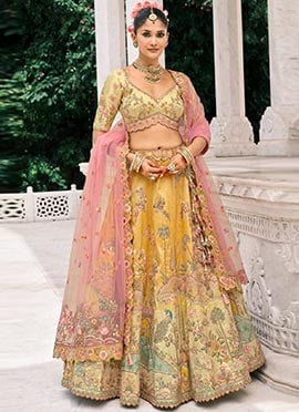 Yellow Silk Thread Embroidered And Cut Work Umbrella Lehenga
