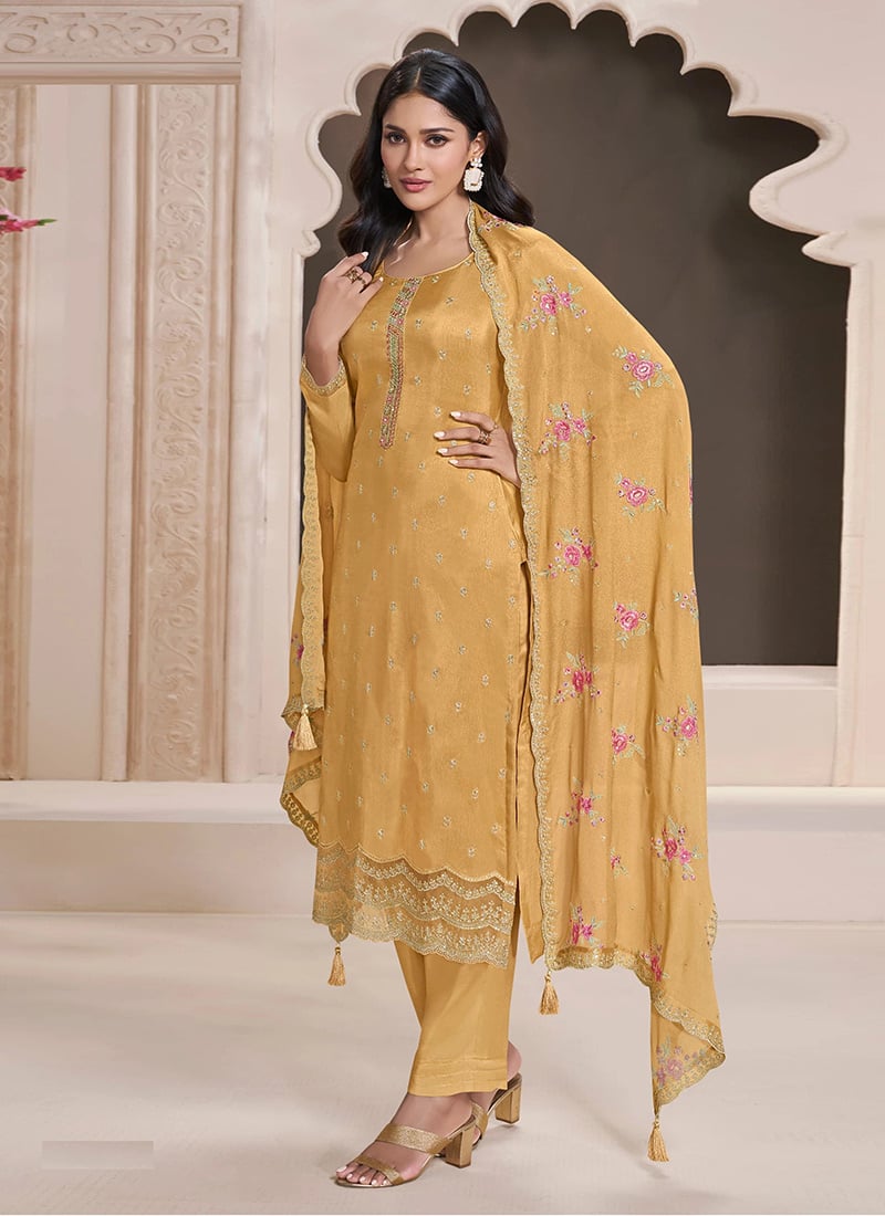 Yellow Silk Thread Embroidered Sequins Straight Pant Suit Festive Wear