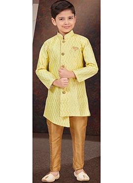 Yellow Silk Thread Sequins Kids Boys Indowestern Sherwani