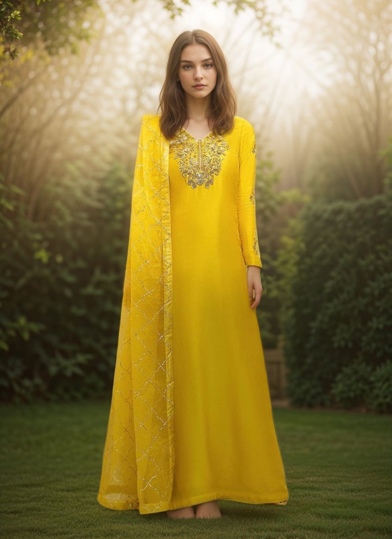 Yellow Silk Zardosi With Cut Dana Hand Embroidered Anarkali Suit Festive Wear