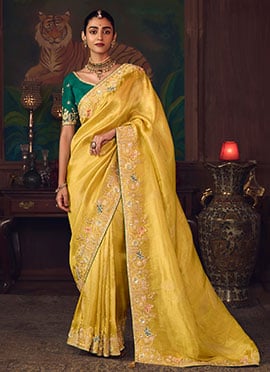 Yellow Silk Zari Embroidered Sequins Beads Stones Thread Saree