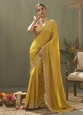 Yellow Silk Zari Embroidered Sequins Saree