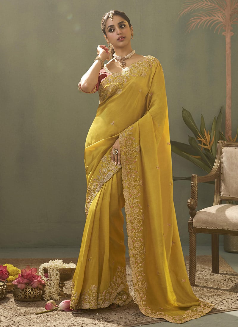 Yellow Silk Zari Embroidered Sequins Saree Festive Wear