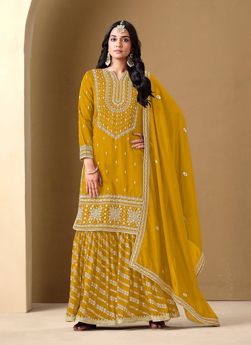 Yellow Silk Zari Embroidered Sequins With Pakistani Jacquard Print Sharara Suit Festive Wear