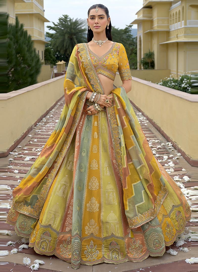 Yellow Silk Zari Embroidered Sequins With Stone Work Lehenga Wedding Wear