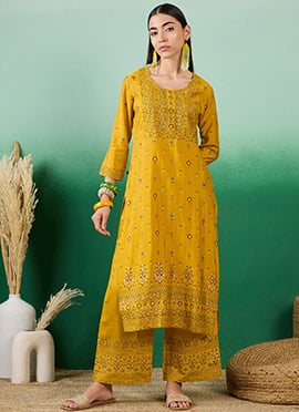 Yellow Silk Zari Floral Work Kurta Palazzo Set