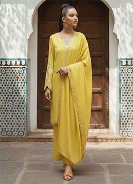 Yellow Silk Zari Foil Print Pakistani Straight Pant Suit