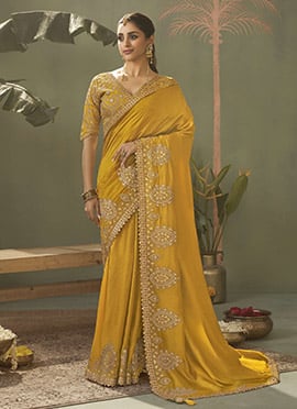 Yellow Silk Zari Gota Embroidered Sequins Saree