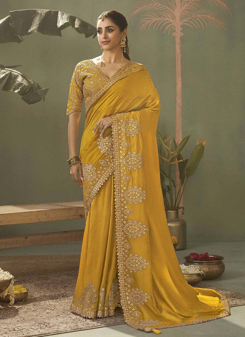 Yellow Silk Zari Gota Embroidered Sequins Saree Wedding Wear